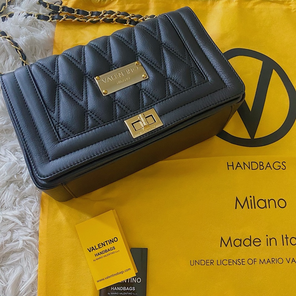 Valentino Black Quilted Shoulder Bag with Gold Accents